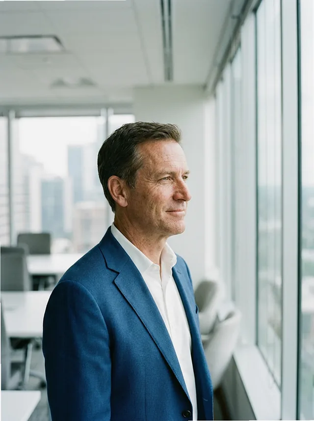 A confident executive man in a modern office looking out a window.
